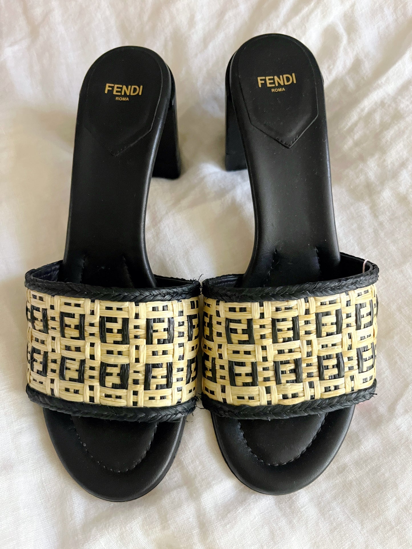 Fendi Roma Woven FF Logo Raffia Slide Sandals