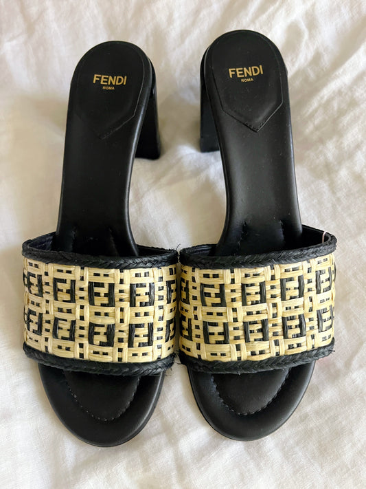 Fendi Roma Woven FF Logo Raffia Slide Sandals