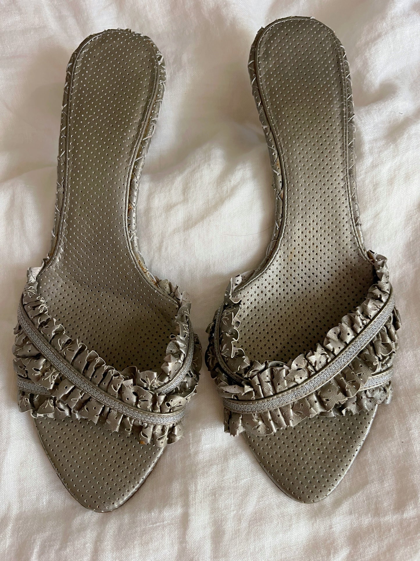 Bottega Veneta Silver Ruffled Leather Slide Sandals