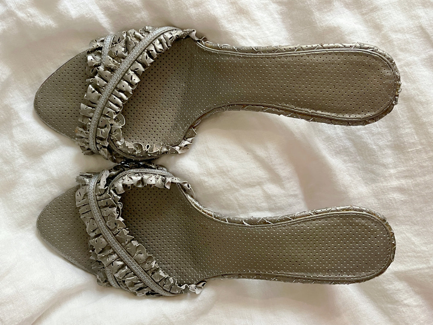 Bottega Veneta Silver Ruffled Leather Slide Sandals