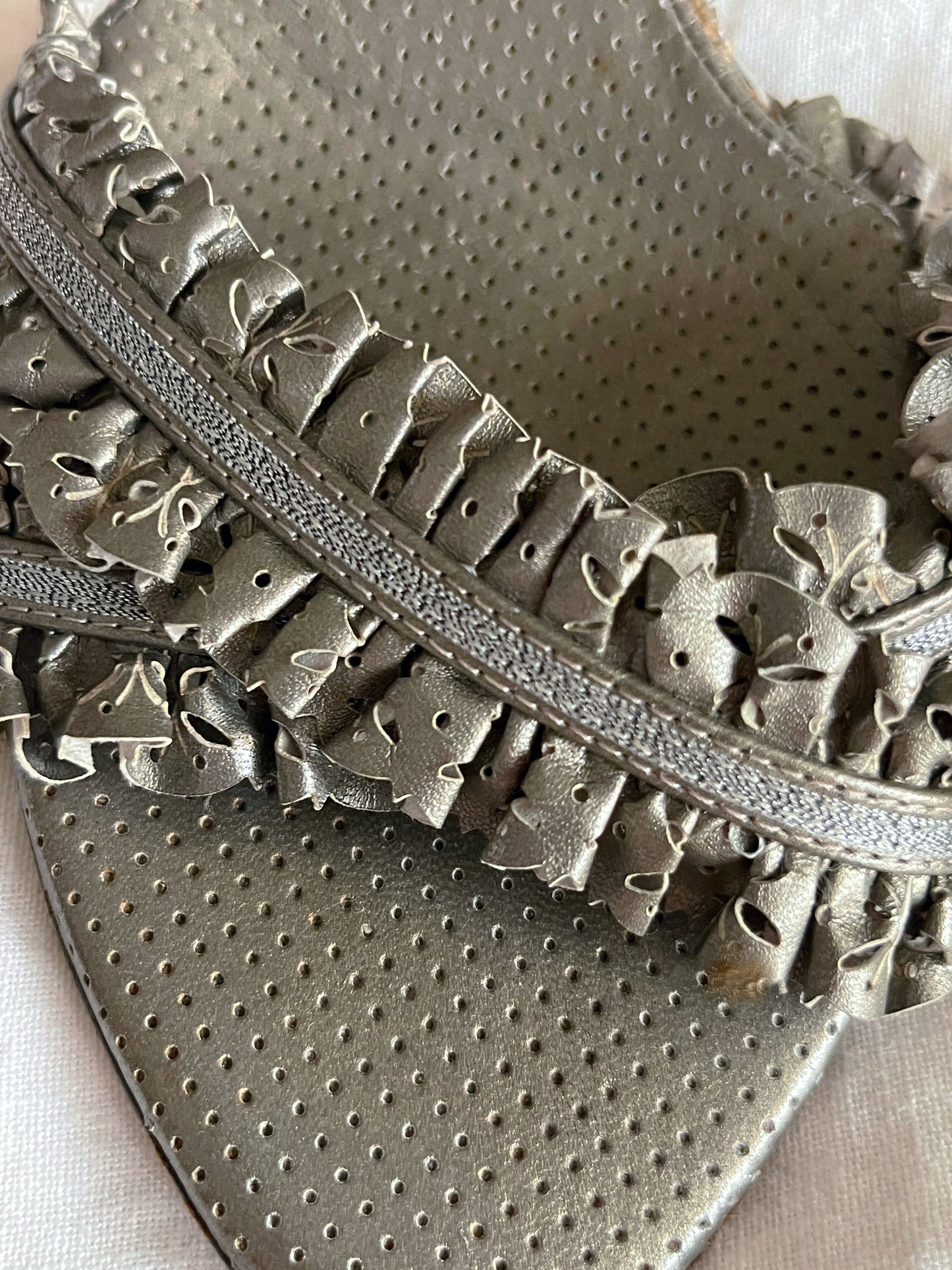 Bottega Veneta Silver Ruffled Leather Slide Sandals