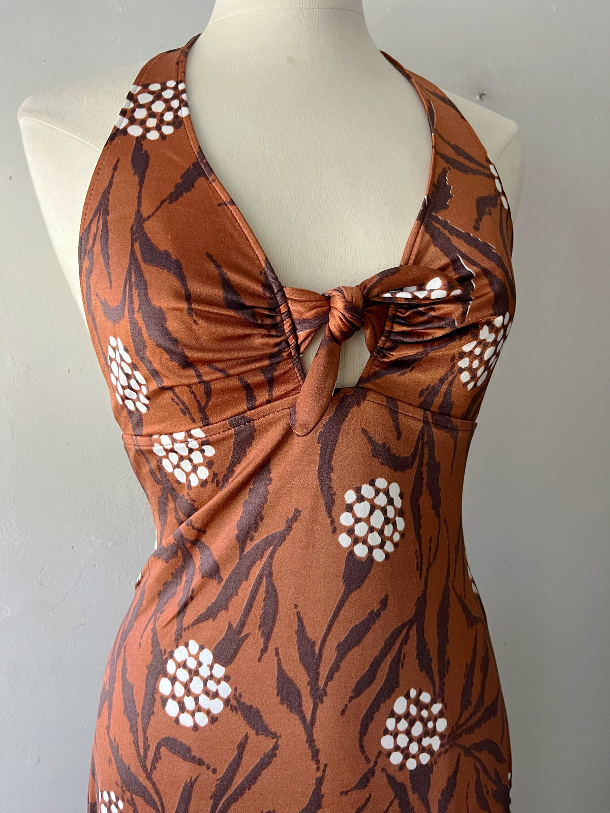 70s Copper Brown Floral Leaf Print Halter Maxi Dress| S/M