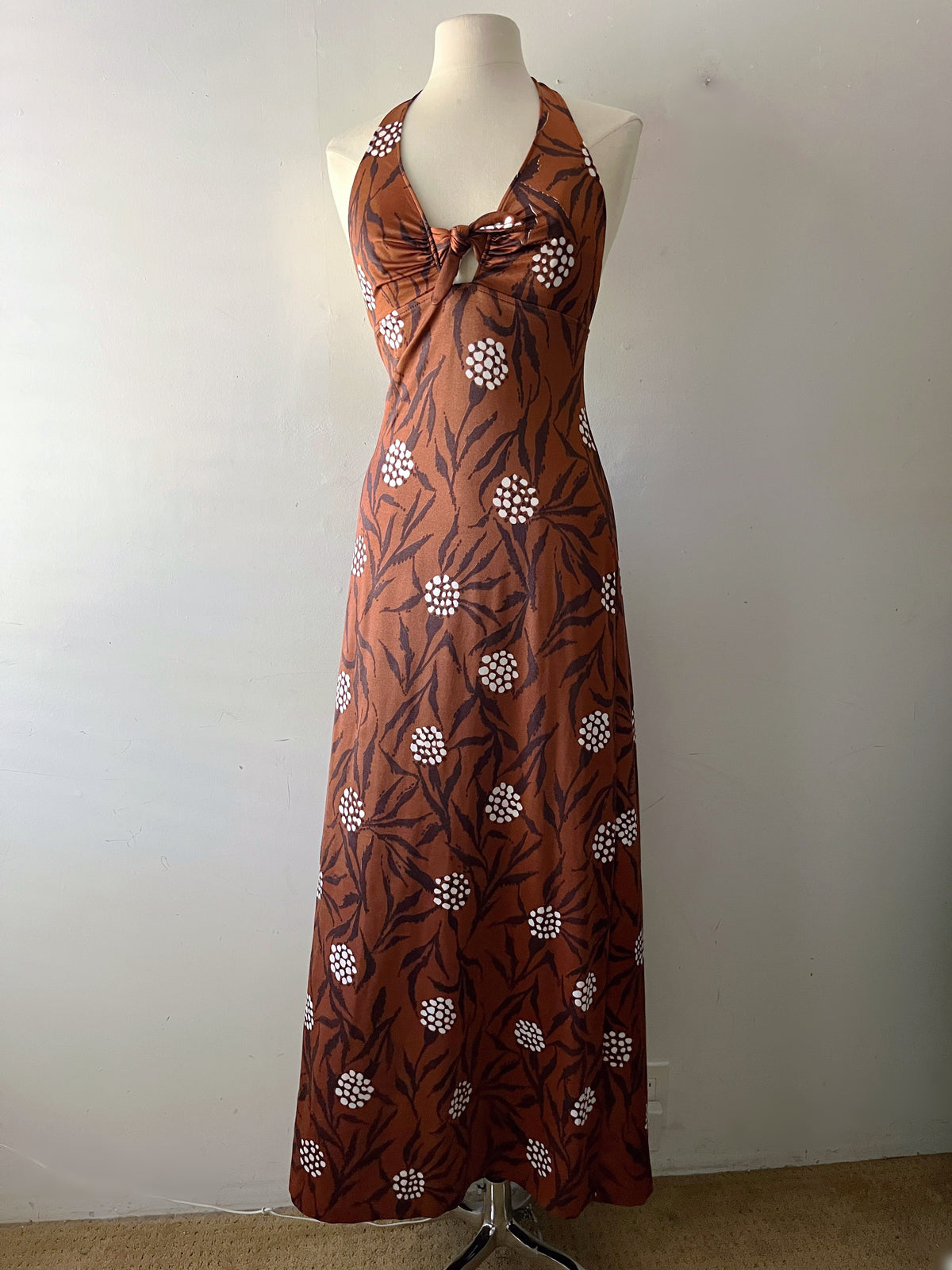 70s Copper Brown Floral Leaf Print Halter Maxi Dress| S/M