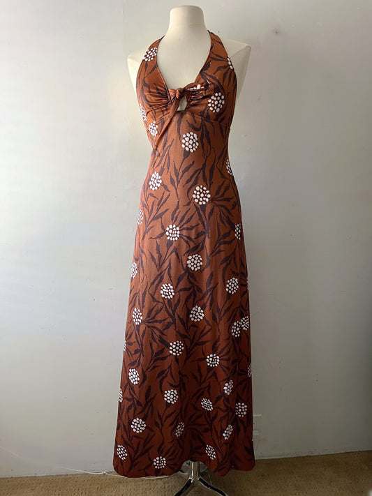 70s Copper Brown Floral Leaf Print Halter Maxi Dress| S/M