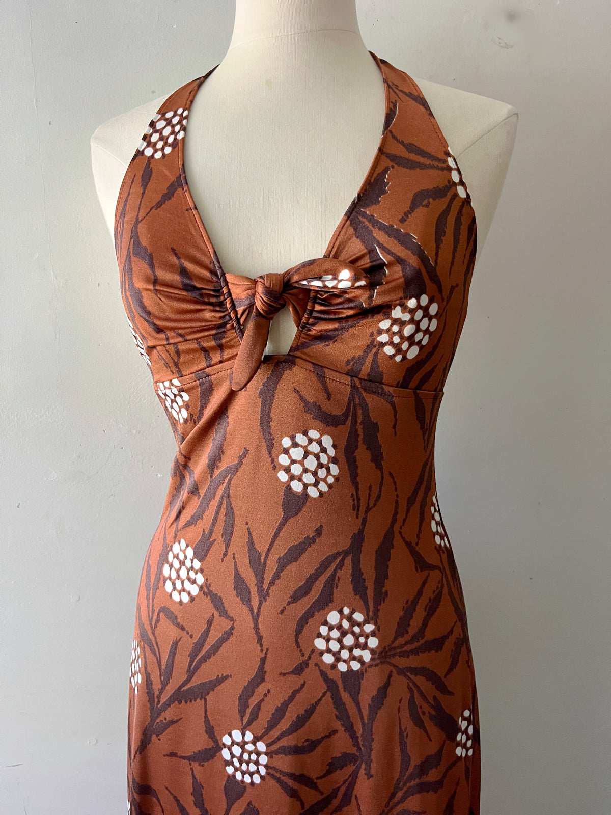 70s Copper Brown Floral Leaf Print Halter Maxi Dress| S/M
