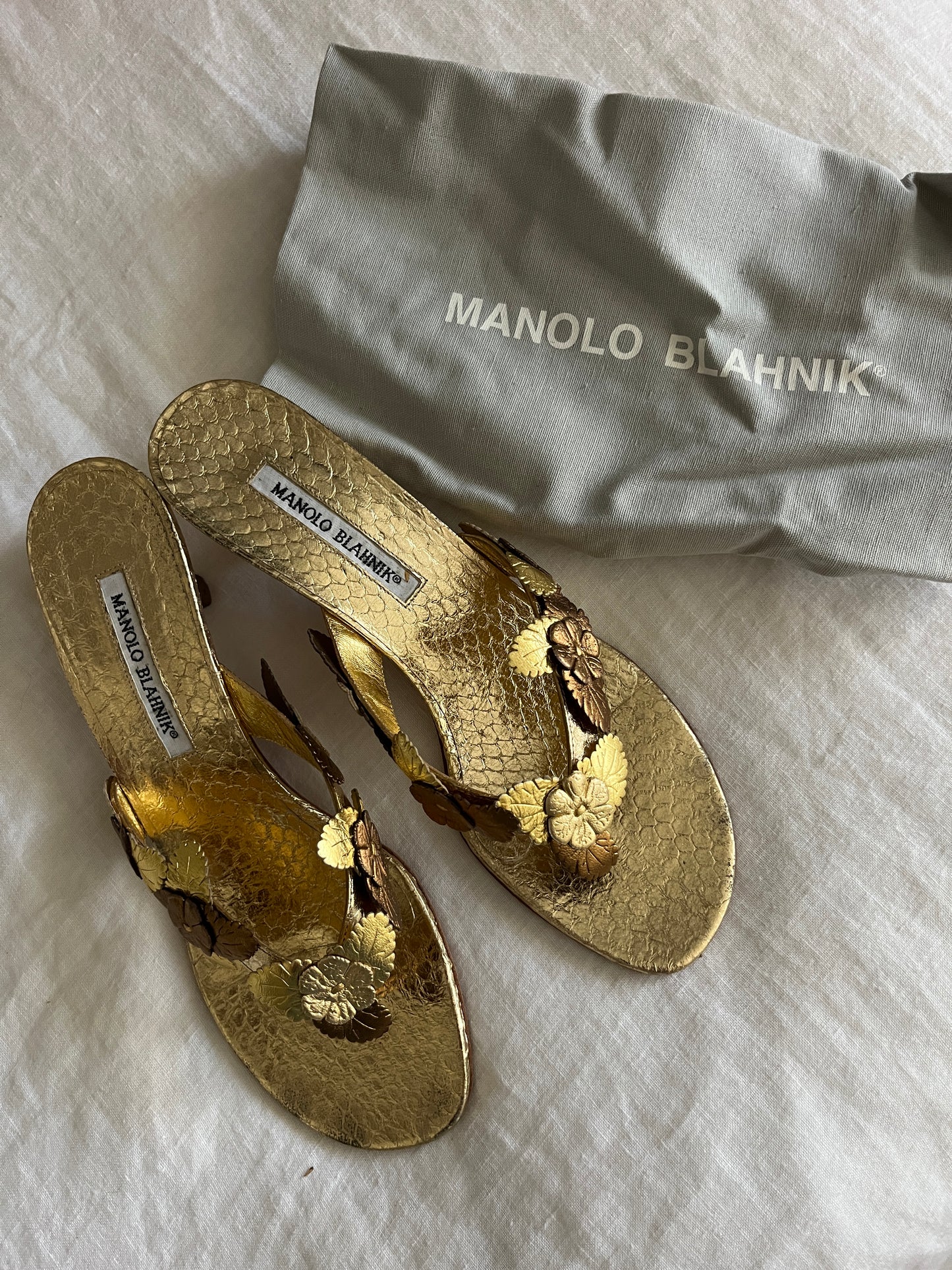 Manolo Blahnik Gold  Flower Thong Kitten Heel Sandals