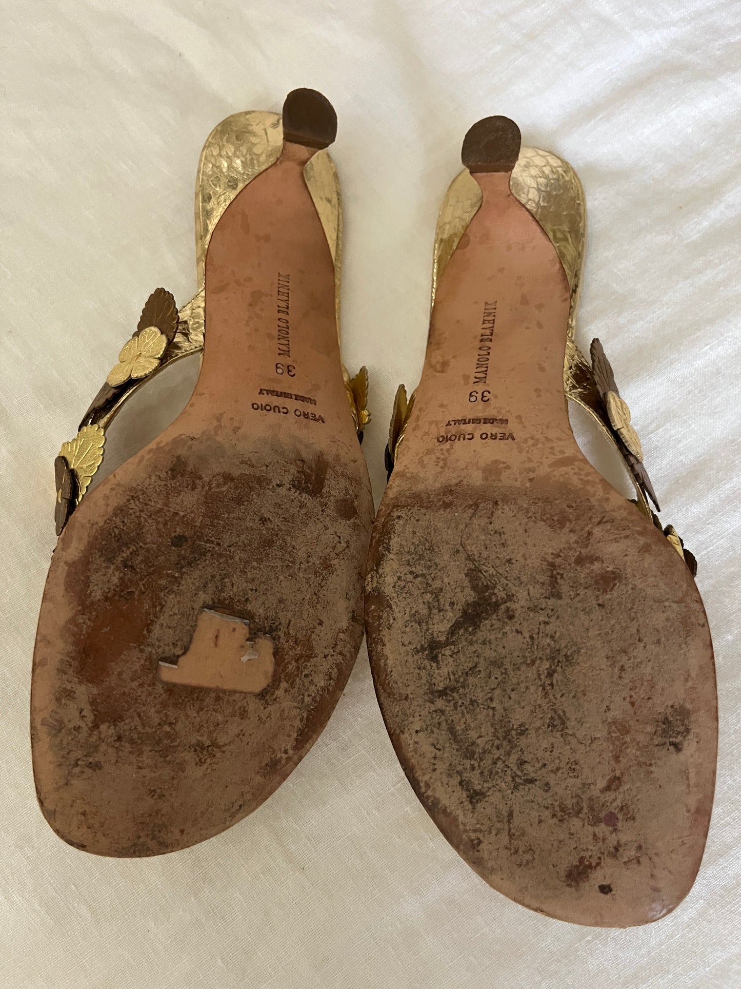 Manolo Blahnik Gold  Flower Thong Kitten Heel Sandals