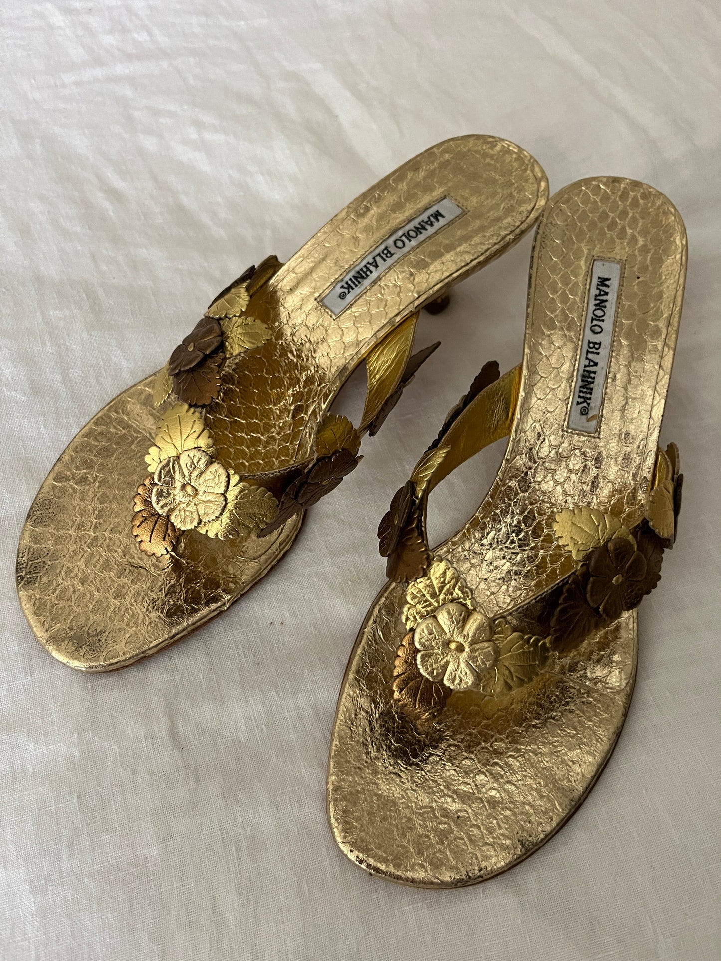 Manolo Blahnik Gold  Flower Thong Kitten Heel Sandals