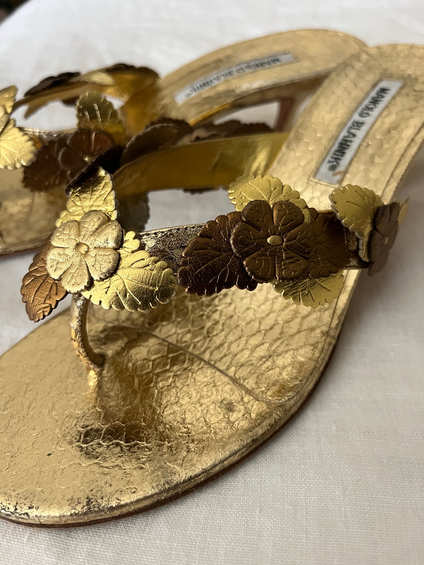 Manolo Blahnik Gold  Flower Thong Kitten Heel Sandals