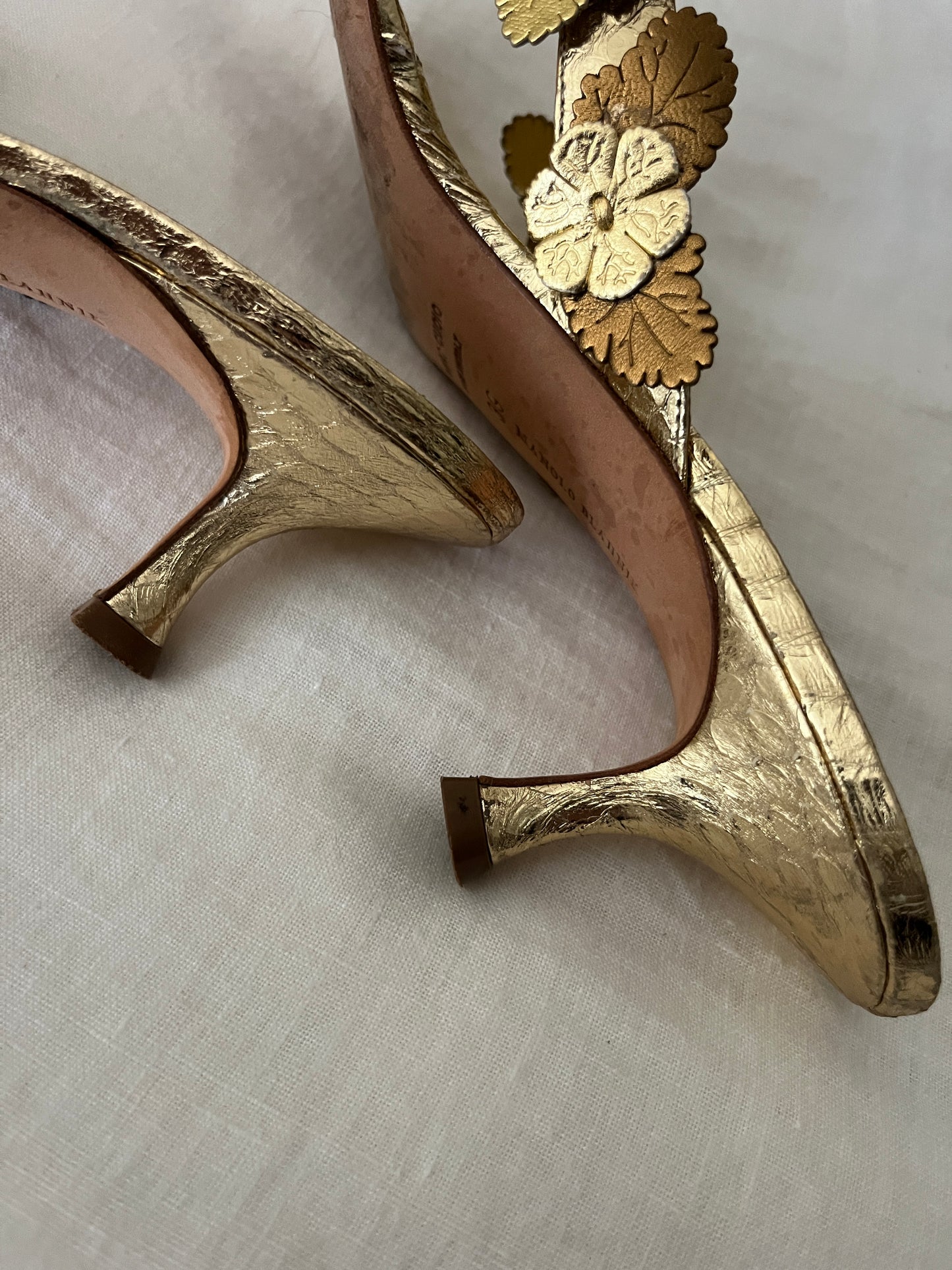Manolo Blahnik Gold  Flower Thong Kitten Heel Sandals