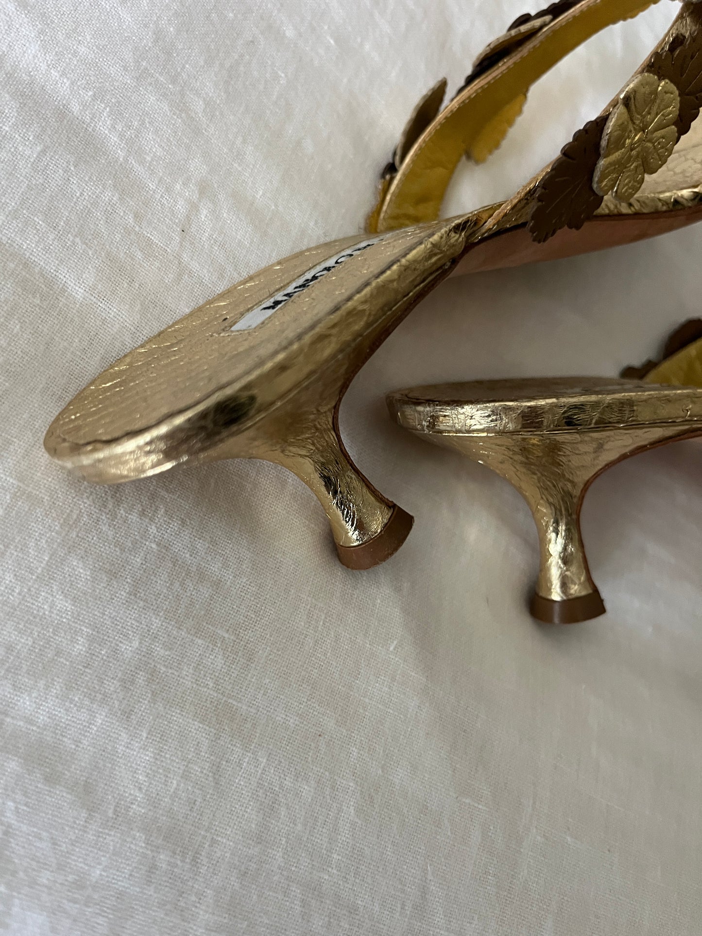 Manolo Blahnik Gold  Flower Thong Kitten Heel Sandals