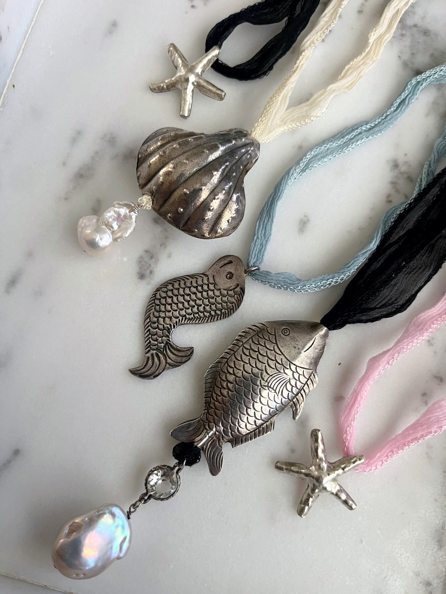 Sea Goth Fine Sterling Fish Pendent on Silk Cord Necklace