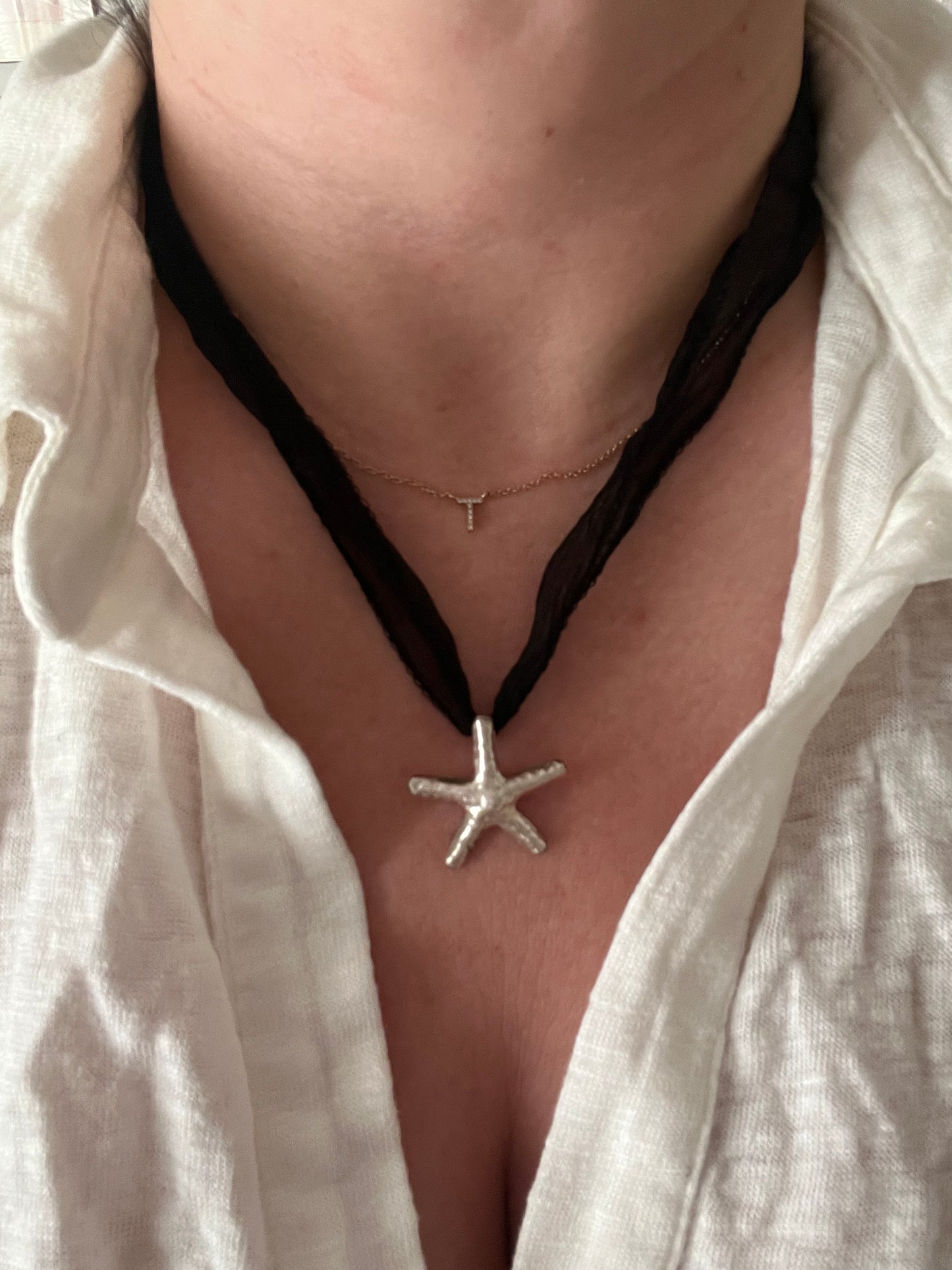 Sea Goth Fine Sterling Starfish Pendent on Silk Cord Necklace