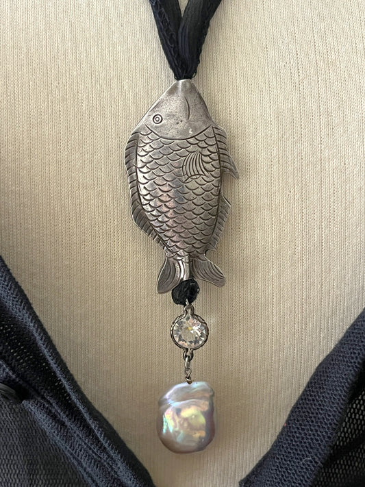 Sea Goth Fine Sterling Puff Fish Pendent Pearl Silk Cord Necklace