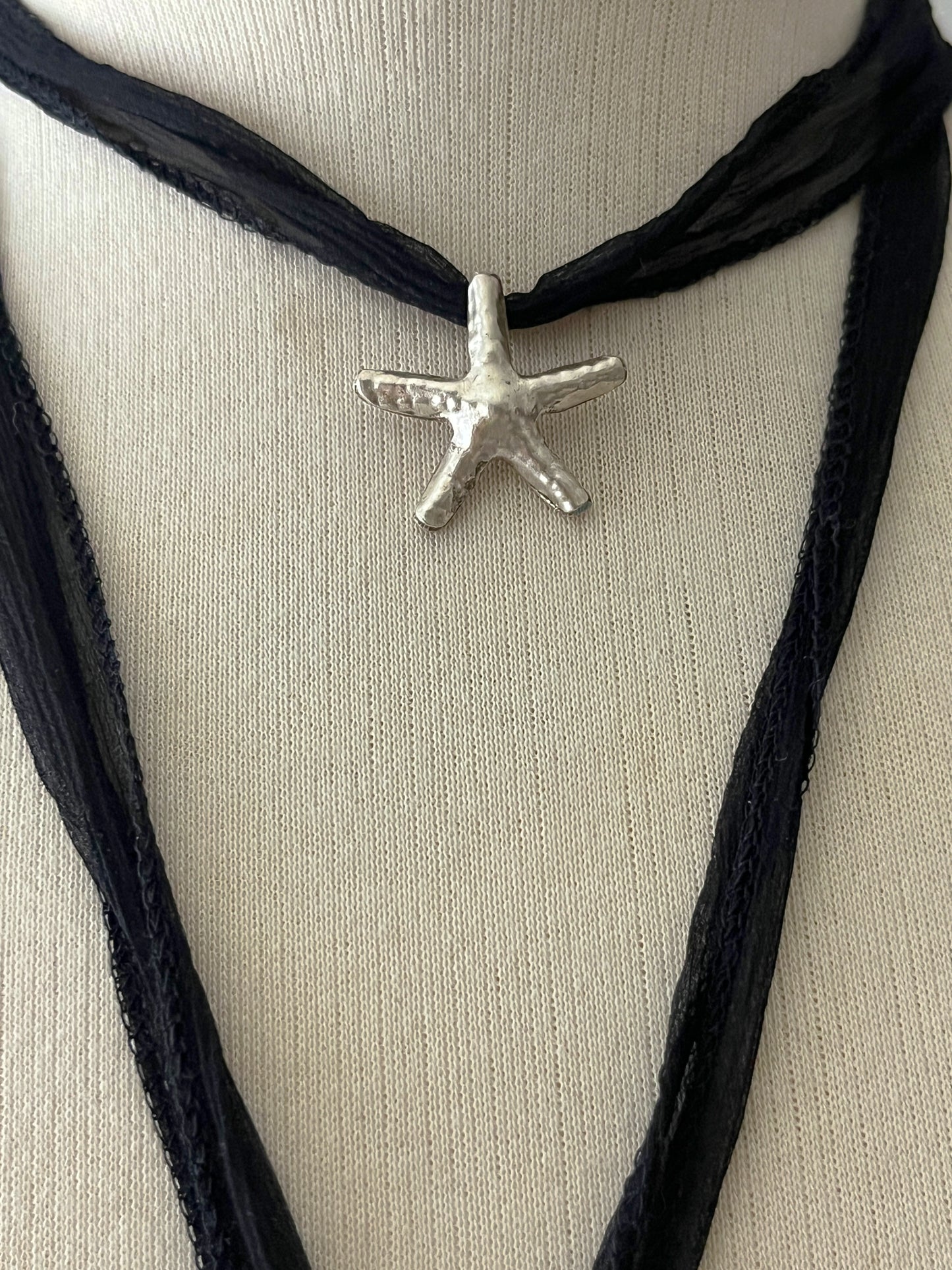 Sea Goth Fine Sterling Starfish Pendent on Silk Cord Necklace
