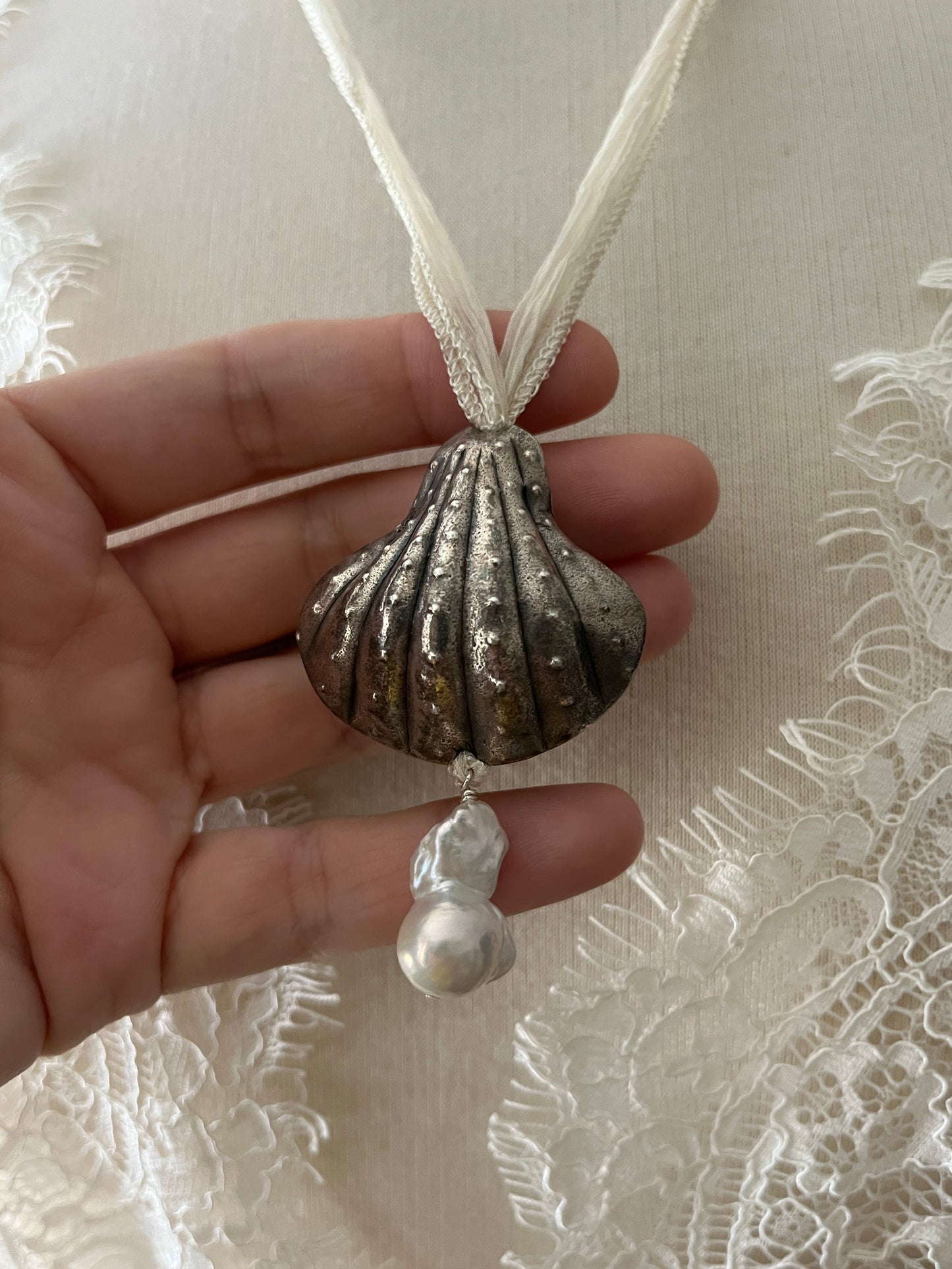 Sea Goth Fine Sterling Puff Seashell Pendent Pearl Silk Cord Necklace