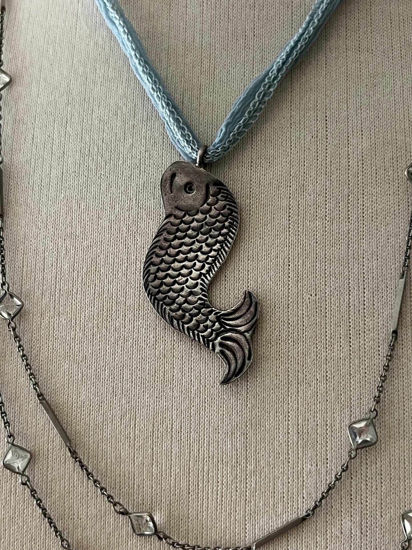 Sea Goth Fine Sterling Fish Pendent on Silk Cord Necklace