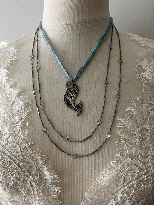 Sea Goth Fine Sterling Fish Pendent on Silk Cord Necklace