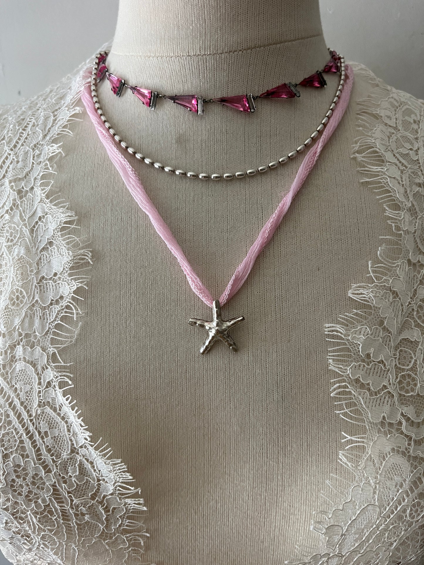 Sea Goth Fine Sterling Starfish Pendent on Silk Cord Necklace Pink