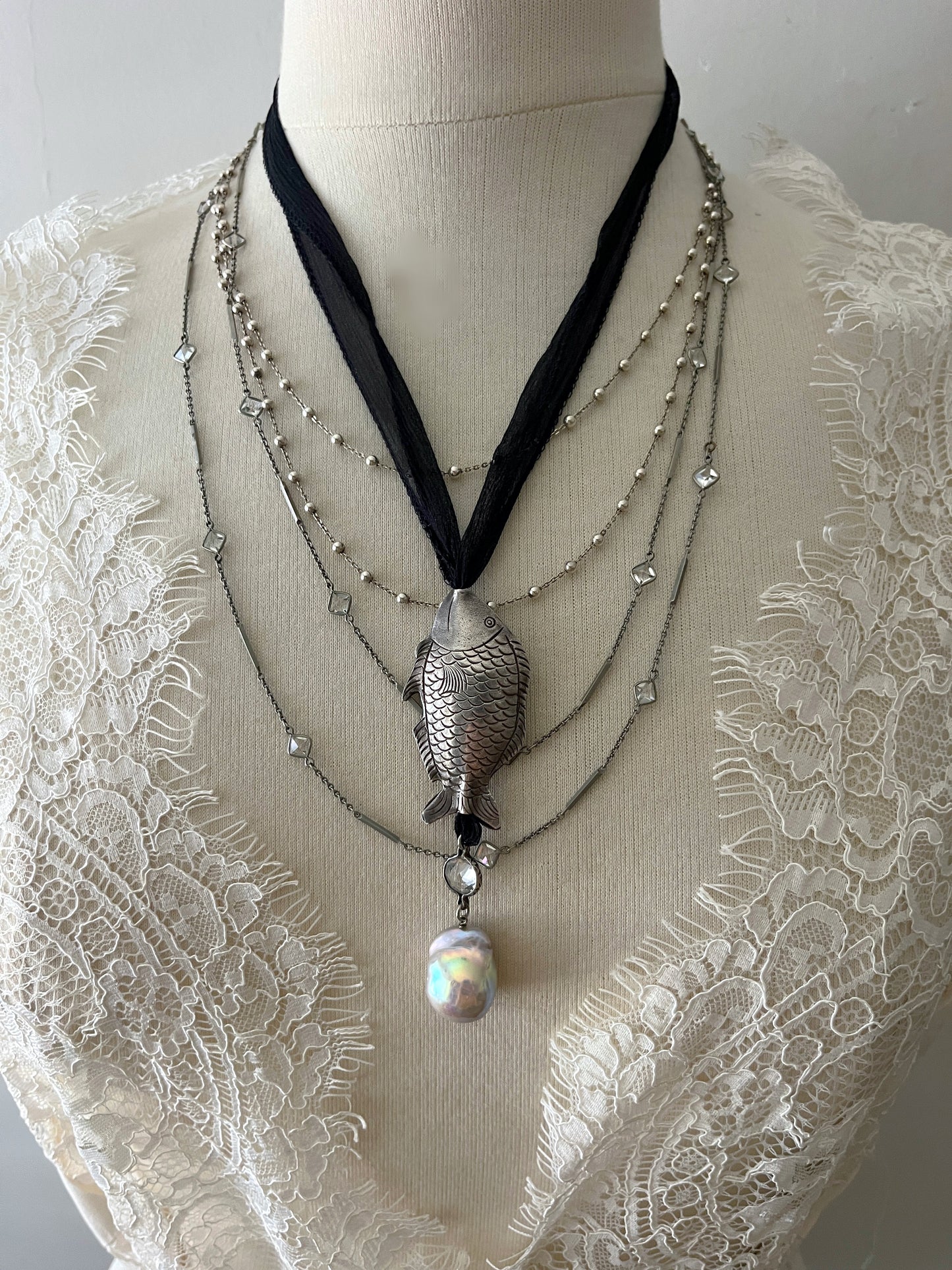 Sea Goth Fine Sterling Puff Fish Pendent Pearl Silk Cord Necklace