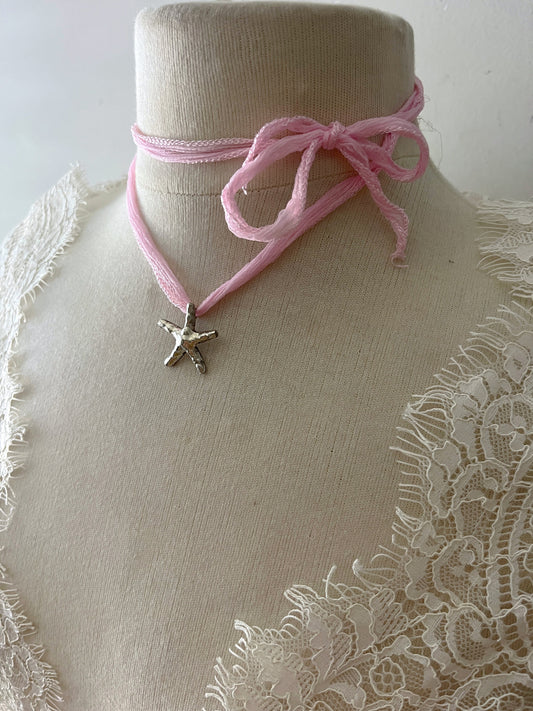 Sea Goth Fine Sterling Starfish Pendent on Silk Cord Necklace Pink
