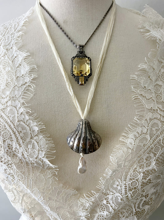 Sea Goth Fine Sterling Puff Seashell Pendent Pearl Silk Cord Necklace