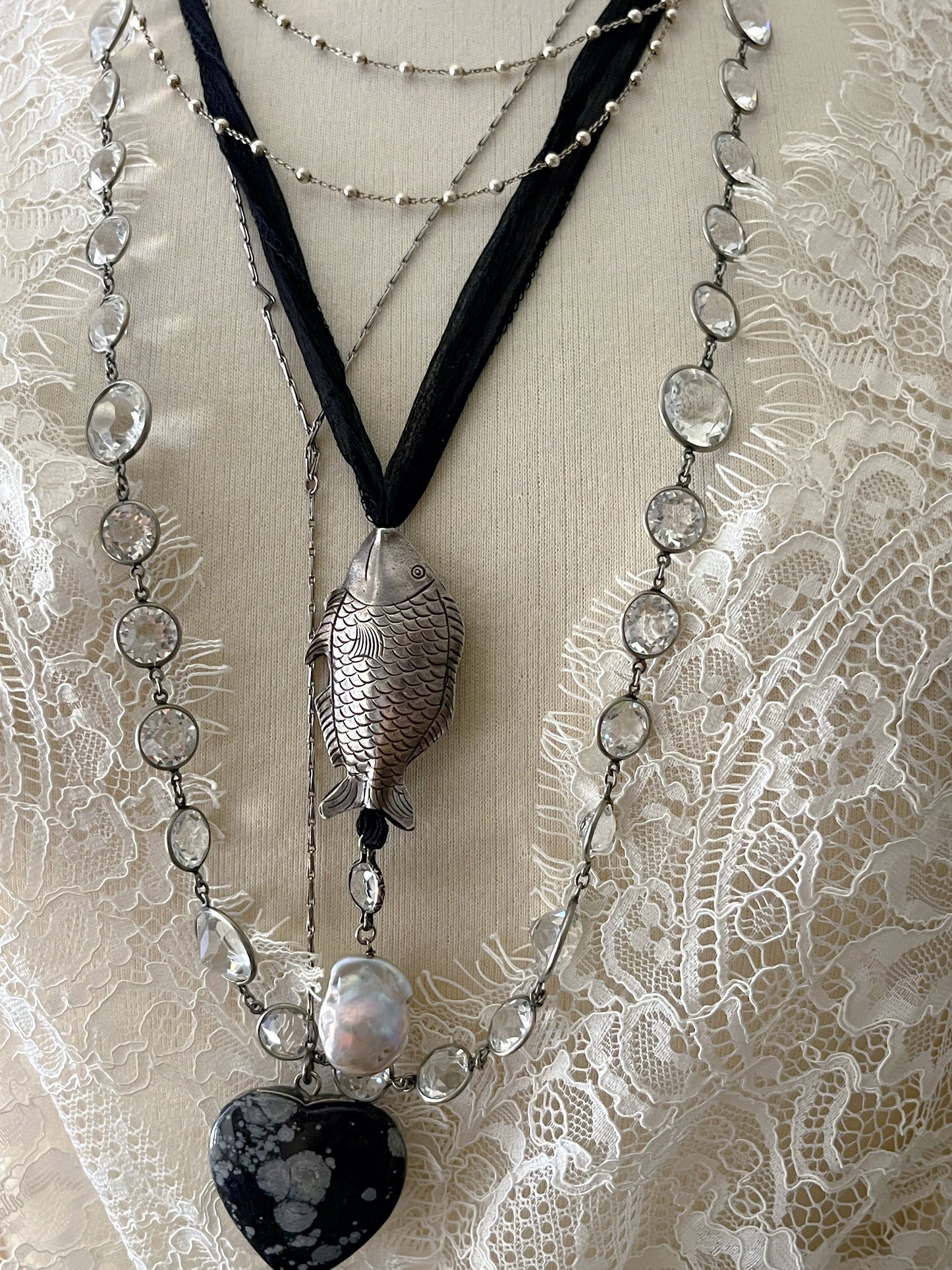 Sea Goth Fine Sterling Puff Fish Pendent Pearl Silk Cord Necklace
