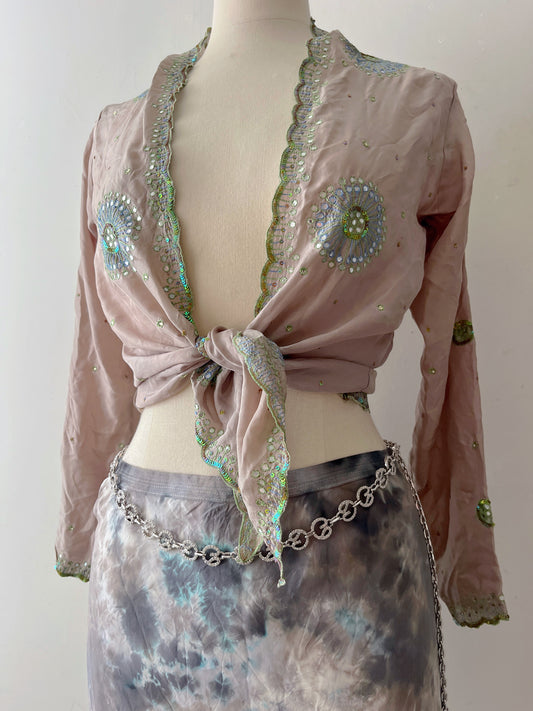 Silk Gray Taupe Mirror Embroidered Wrap Top| S/M