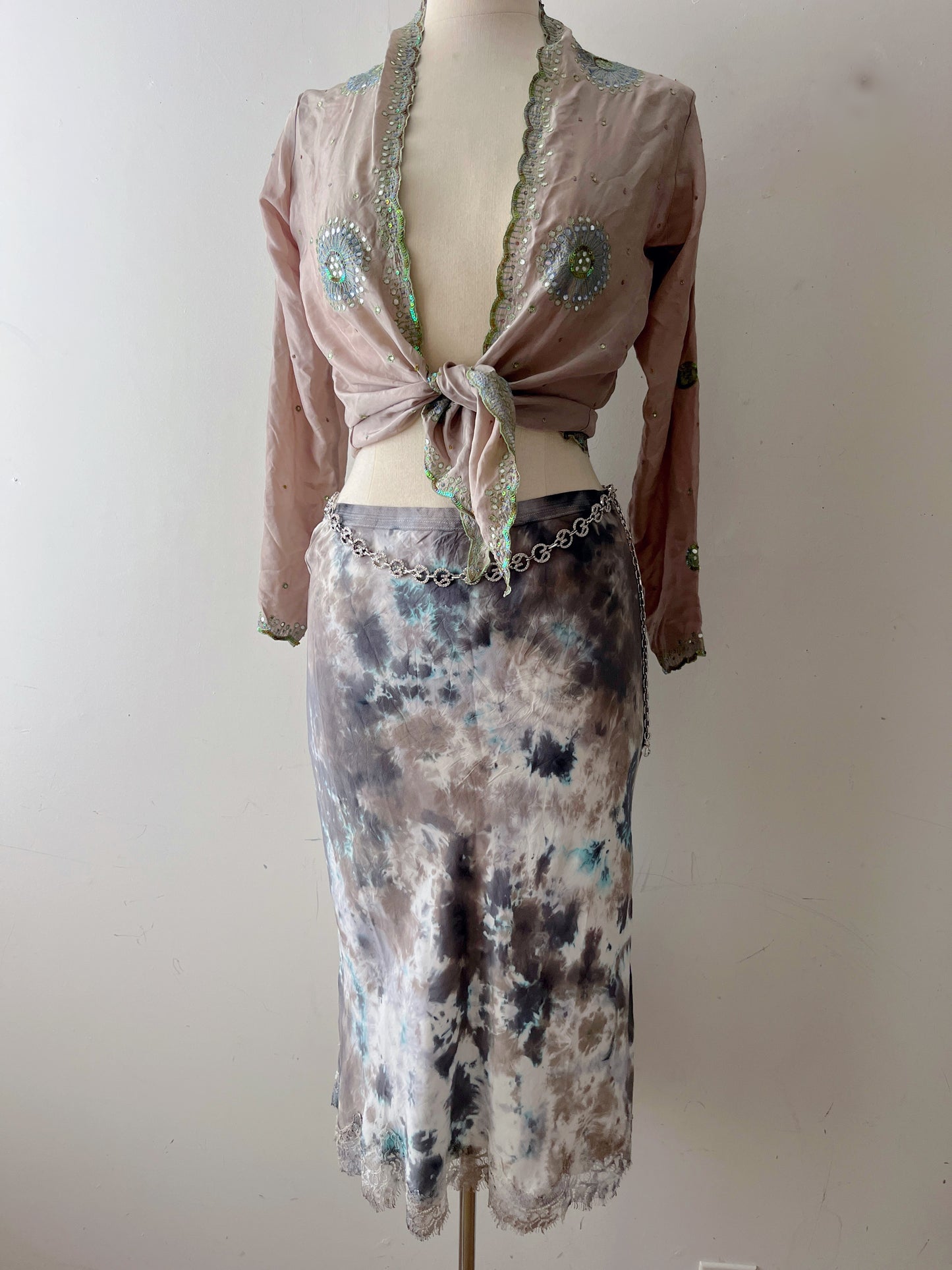 Silk Tie-Dye Silk Midi Skirt with Lace Trim| M/L