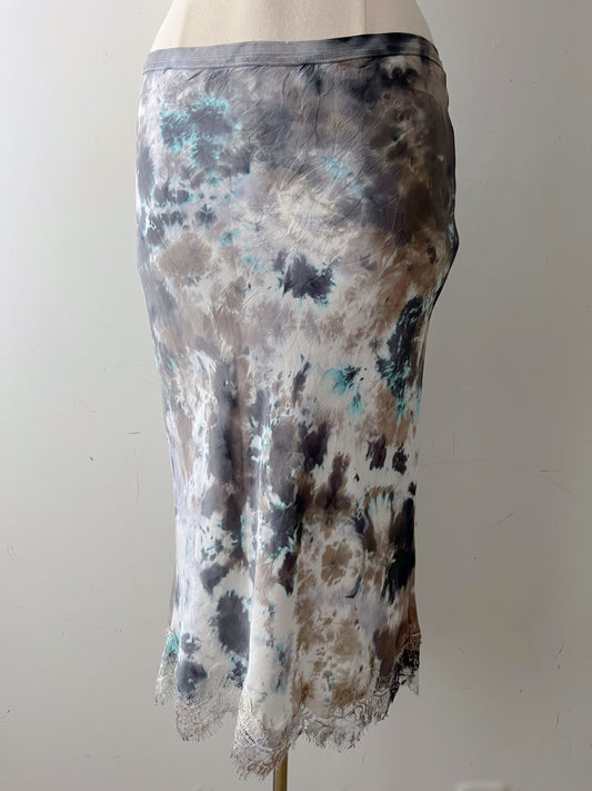 Silk Tie-Dye Silk Midi Skirt with Lace Trim| M/L