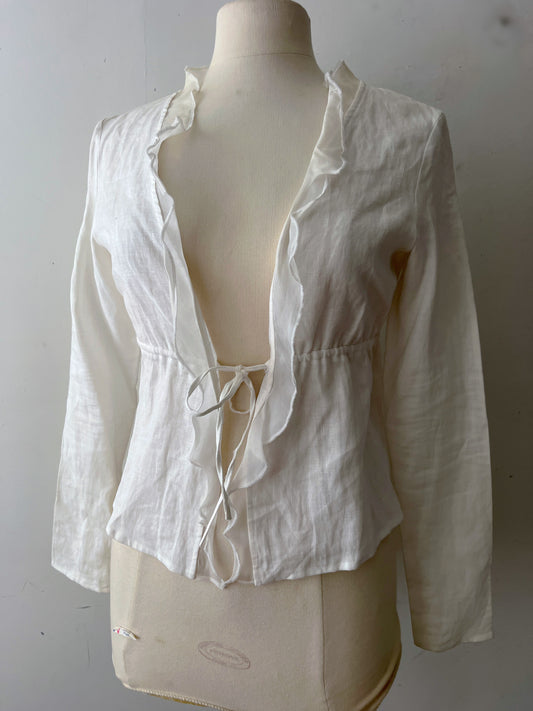 Tara Jarmon Y2K White Ruffle Tie-Front Blouse| S/M