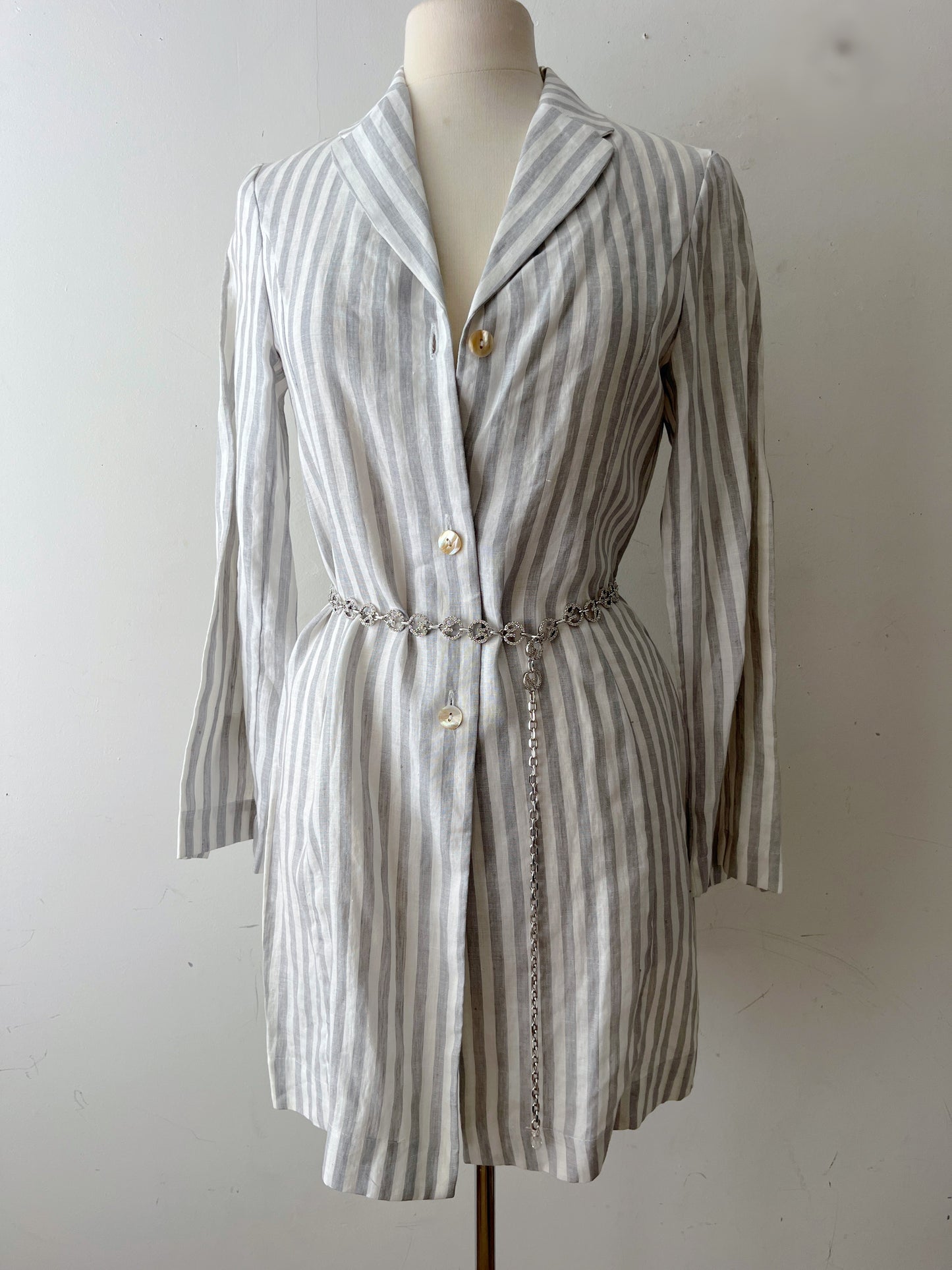 Tara Jarmon Y2K Grey White Striped Linen Long Blazer| S/M