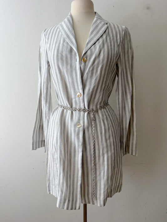 Tara Jarmon Y2K Grey White Striped Linen Long Blazer| S/M