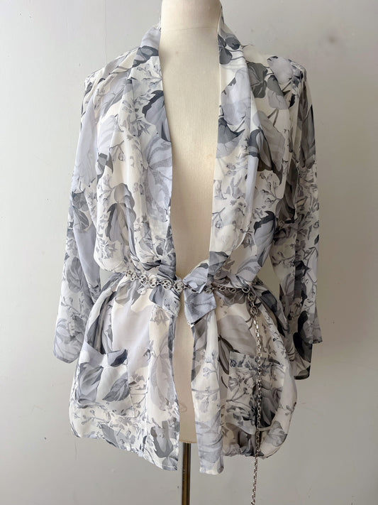 Grey Floral Sheer Silk Wrap Kimono| One Size