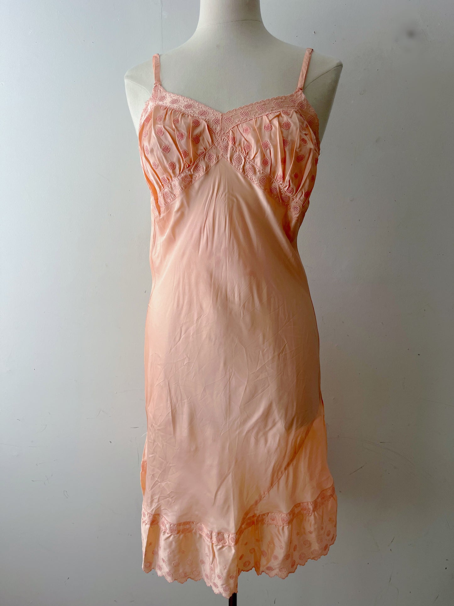 Peach Satin Polka Embroidered Slip Dress| Small