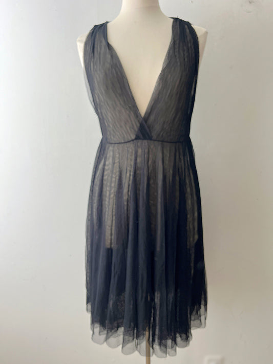 Rozae Nichols Black Sheer Pleated Tulle Surplice Dress| S/M