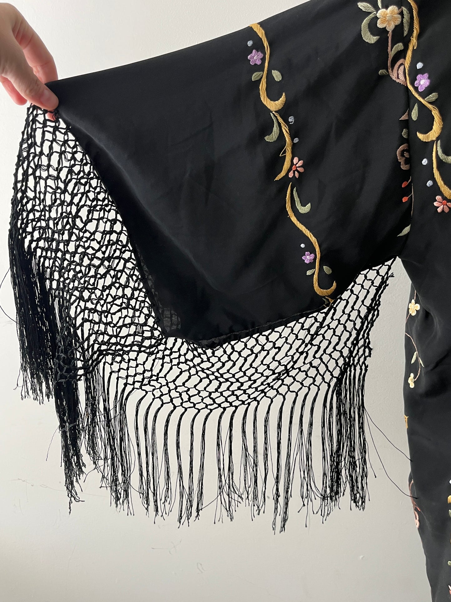 Silk Embroidered Floral Fringe Piano Shawl Kimono Duster| one size