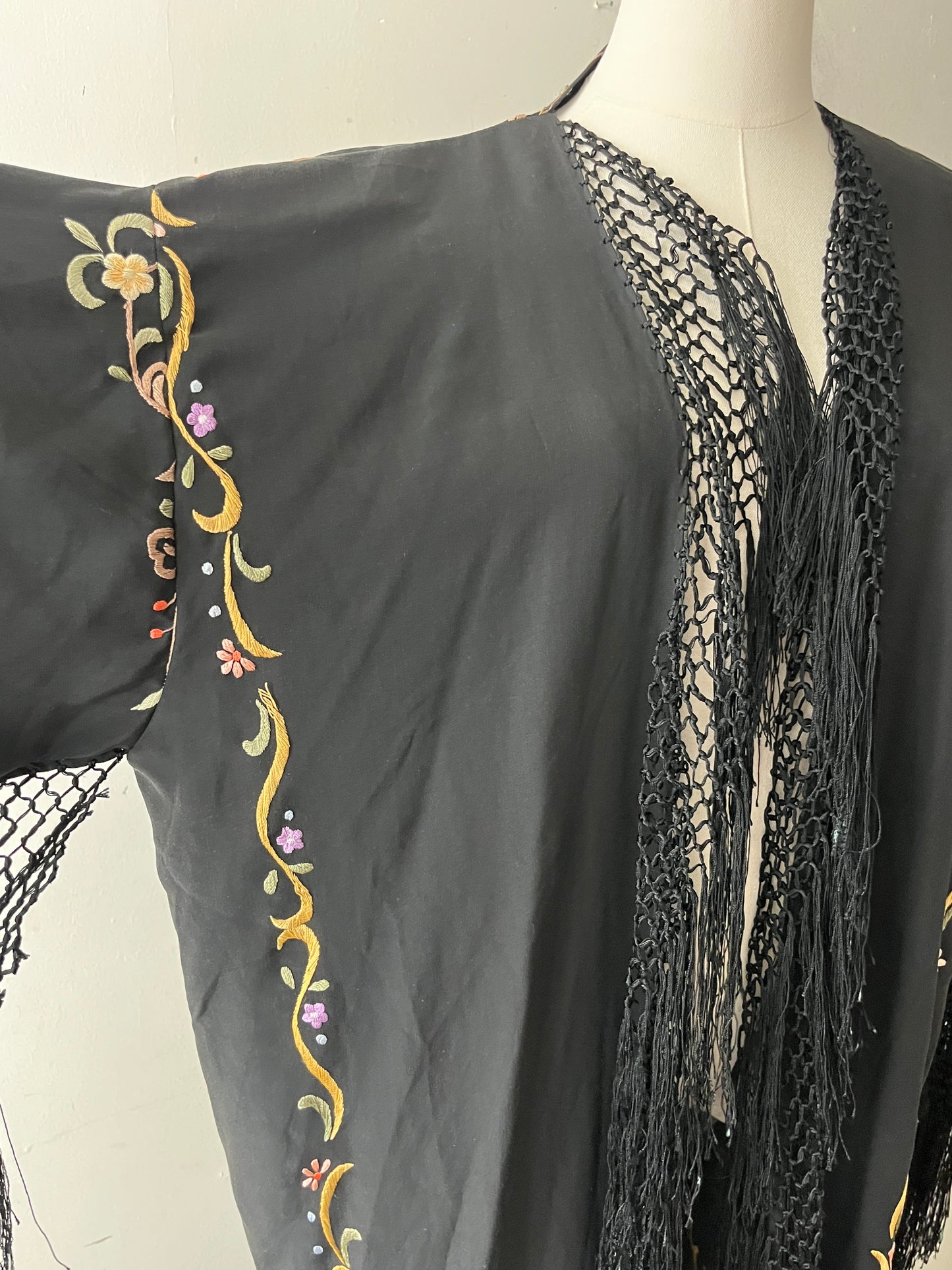 Silk Embroidered Floral Fringe Piano Shawl Kimono Duster| one size