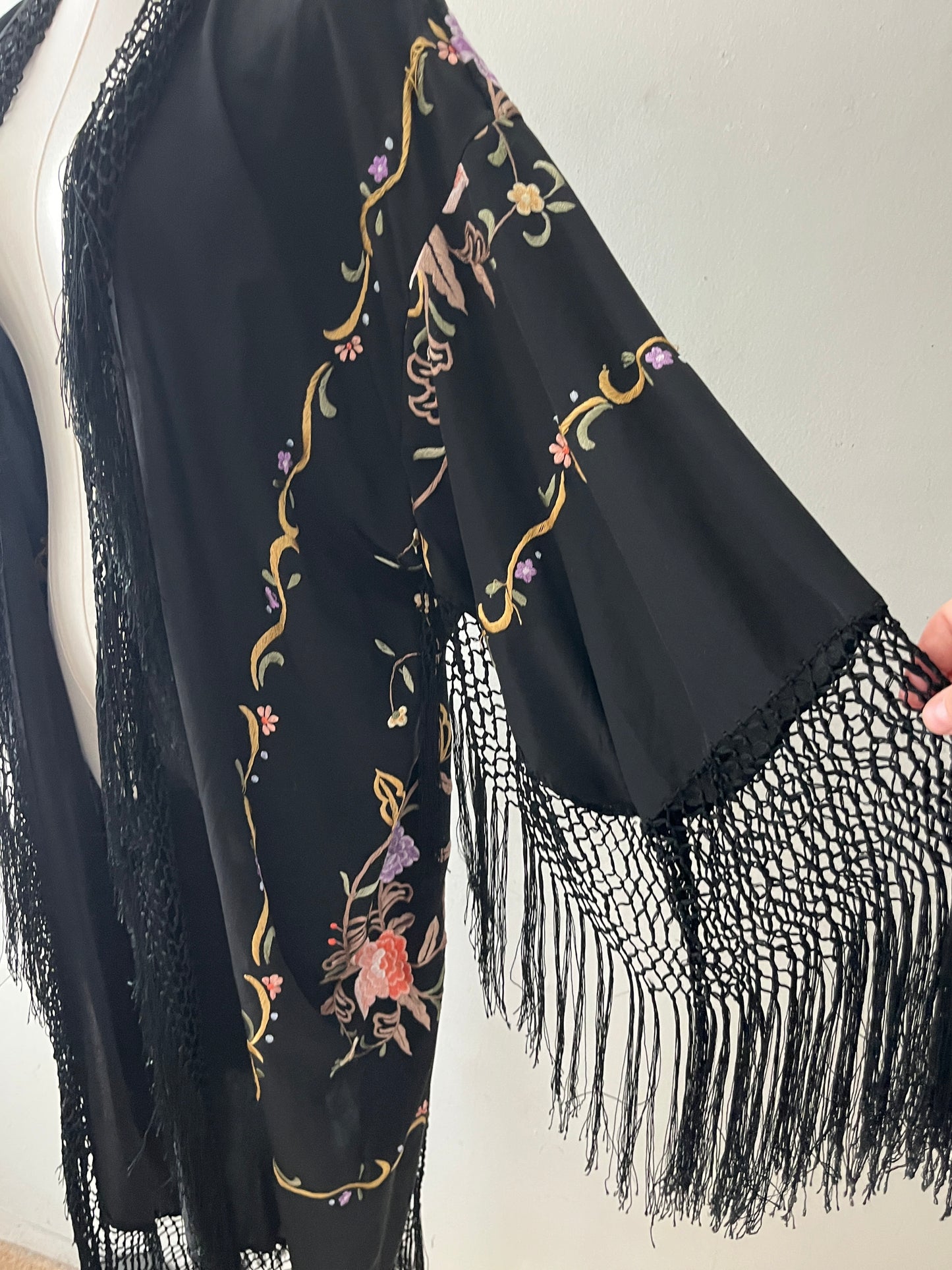 Silk Embroidered Floral Fringe Piano Shawl Kimono Duster| one size