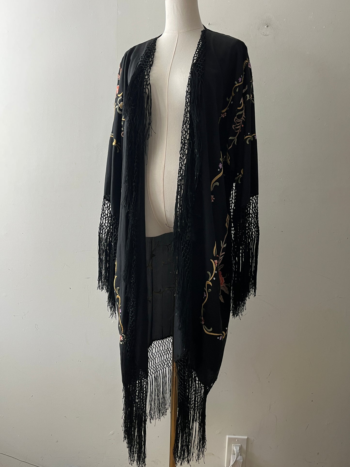 Silk Embroidered Floral Fringe Piano Shawl Kimono Duster| one size