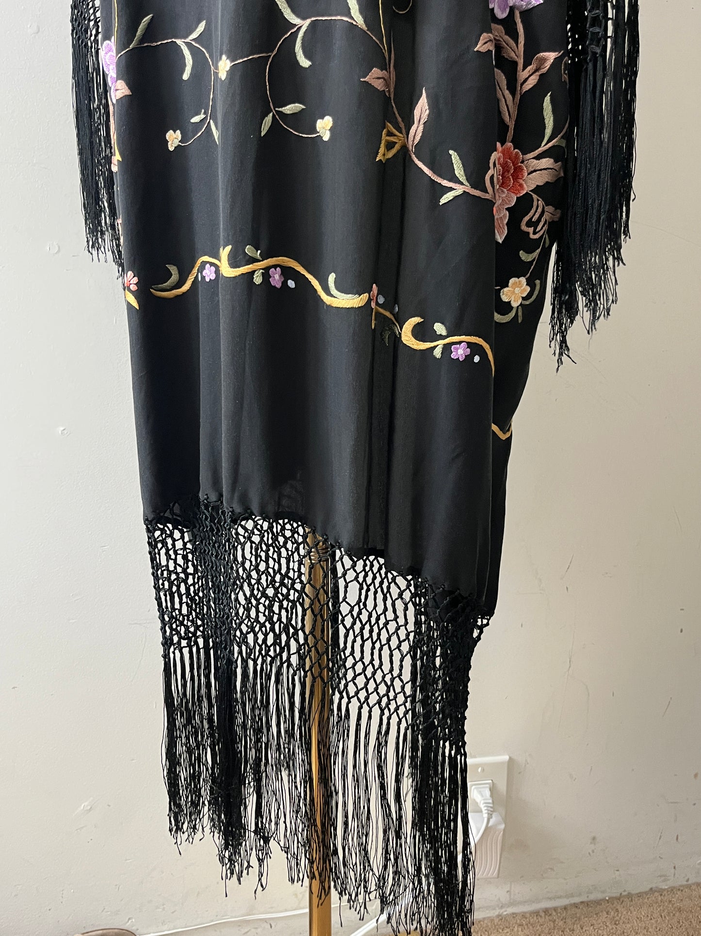 Silk Embroidered Floral Fringe Piano Shawl Kimono Duster| one size