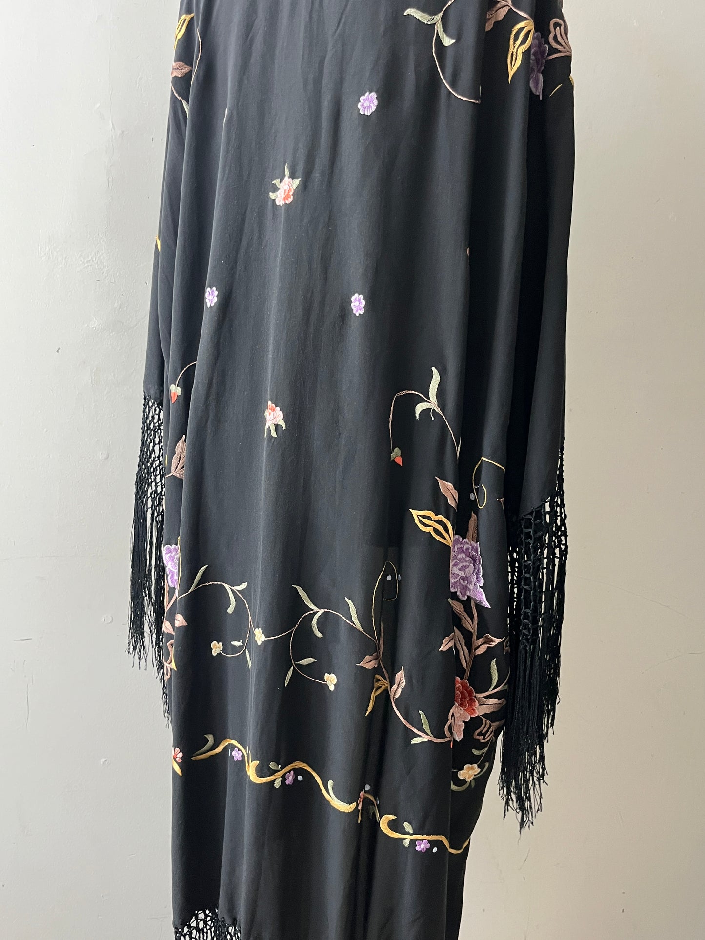 Silk Embroidered Floral Fringe Piano Shawl Kimono Duster| one size