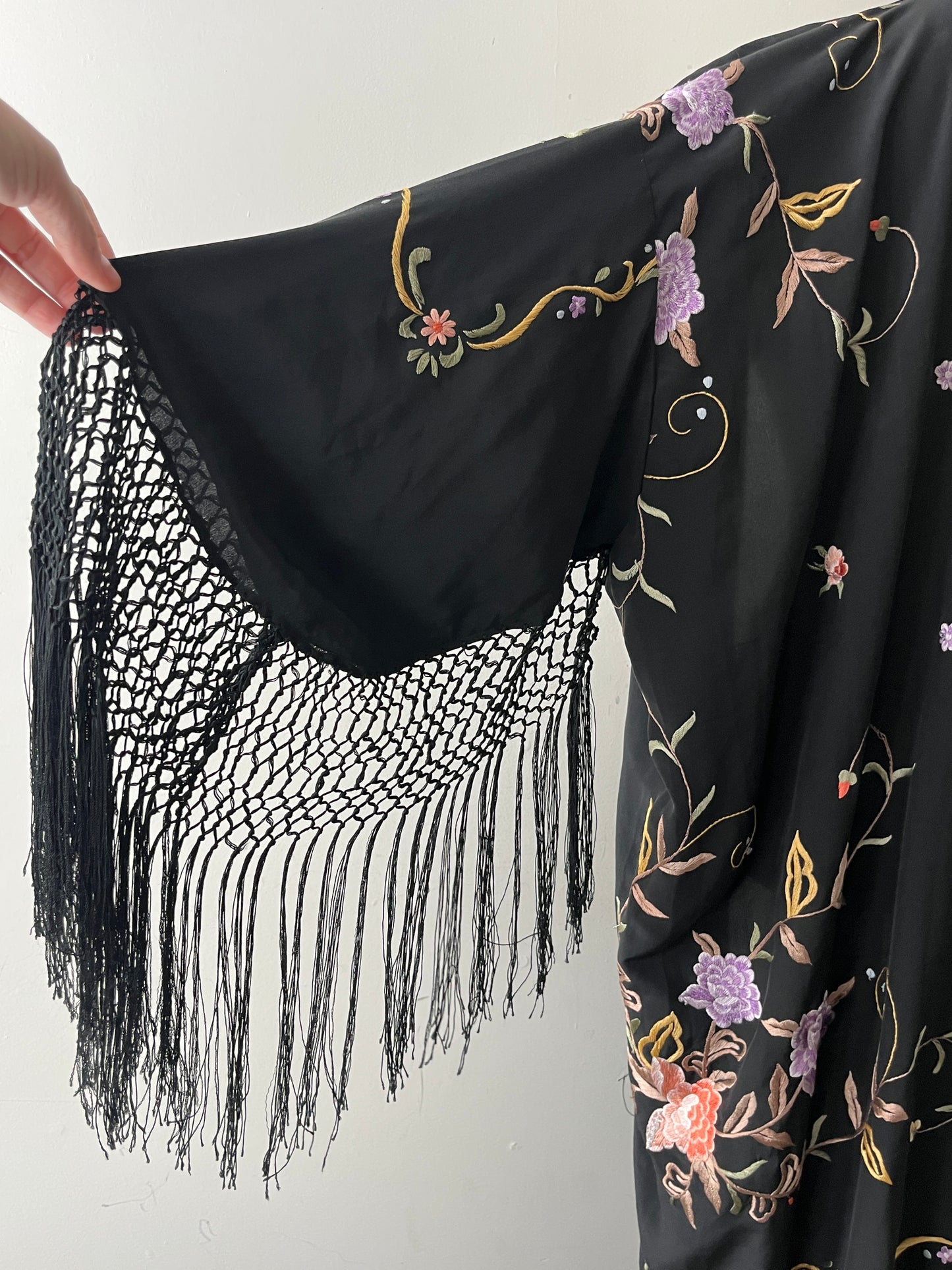 Silk Embroidered Floral Fringe Piano Shawl Kimono Duster| one size