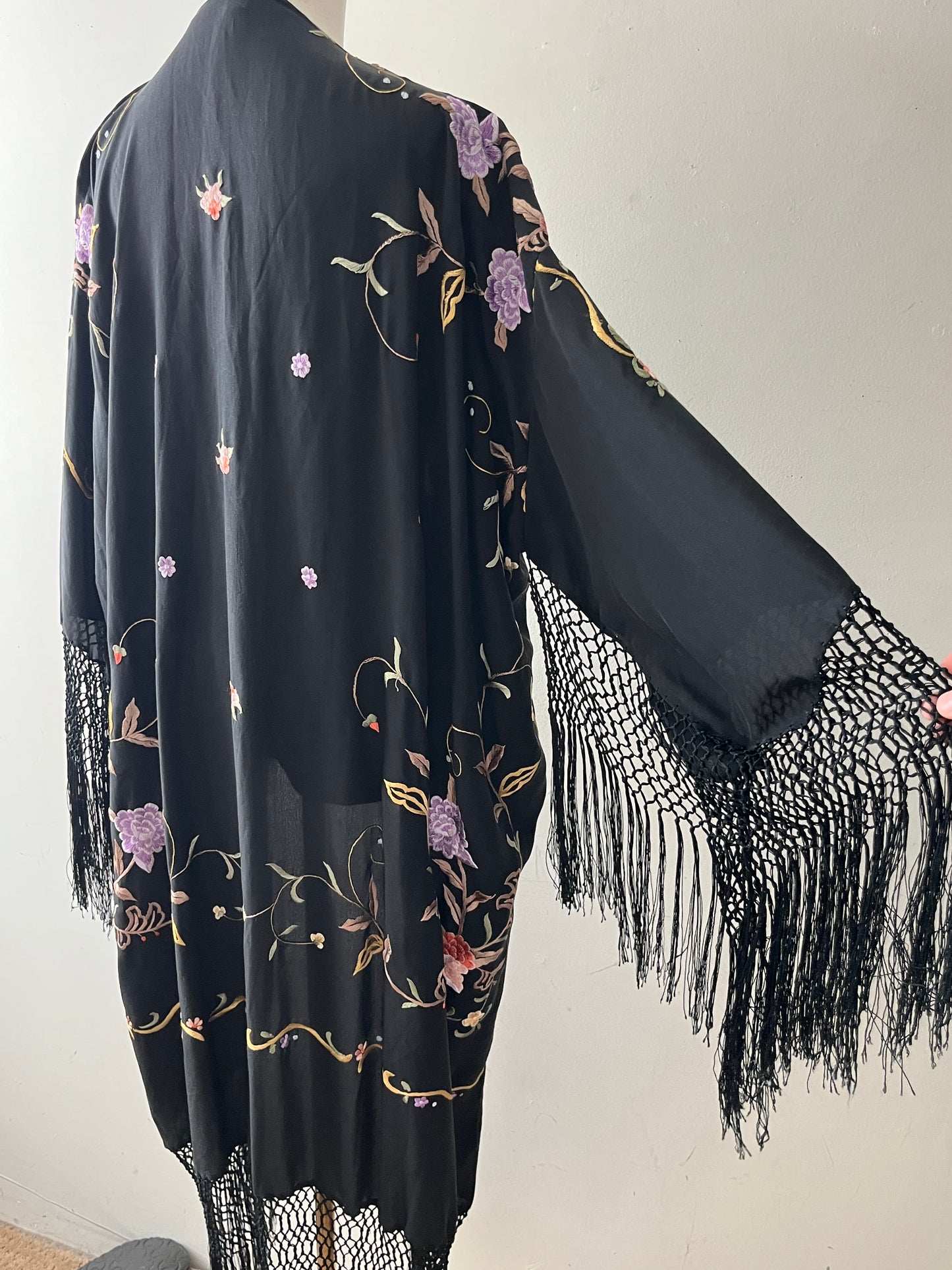 Silk Embroidered Floral Fringe Piano Shawl Kimono Duster| one size