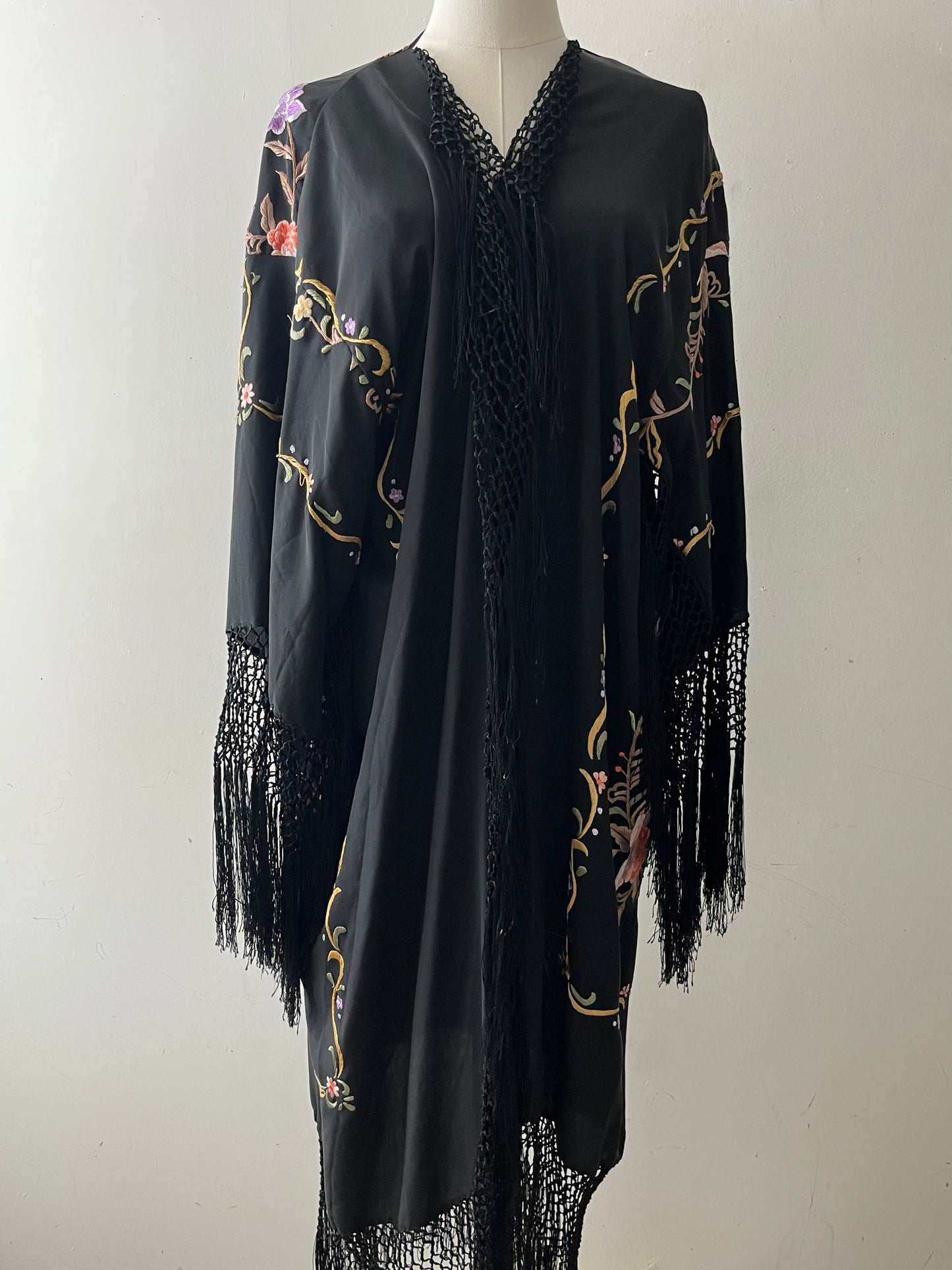 Silk Embroidered Floral Fringe Piano Shawl Kimono Duster| one size