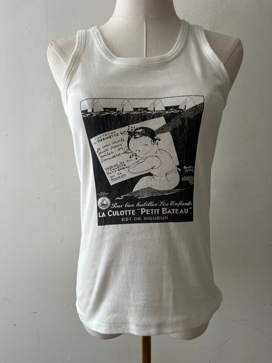 Vintage Petit Bateau White Graphic Print Tank Top| XS/S