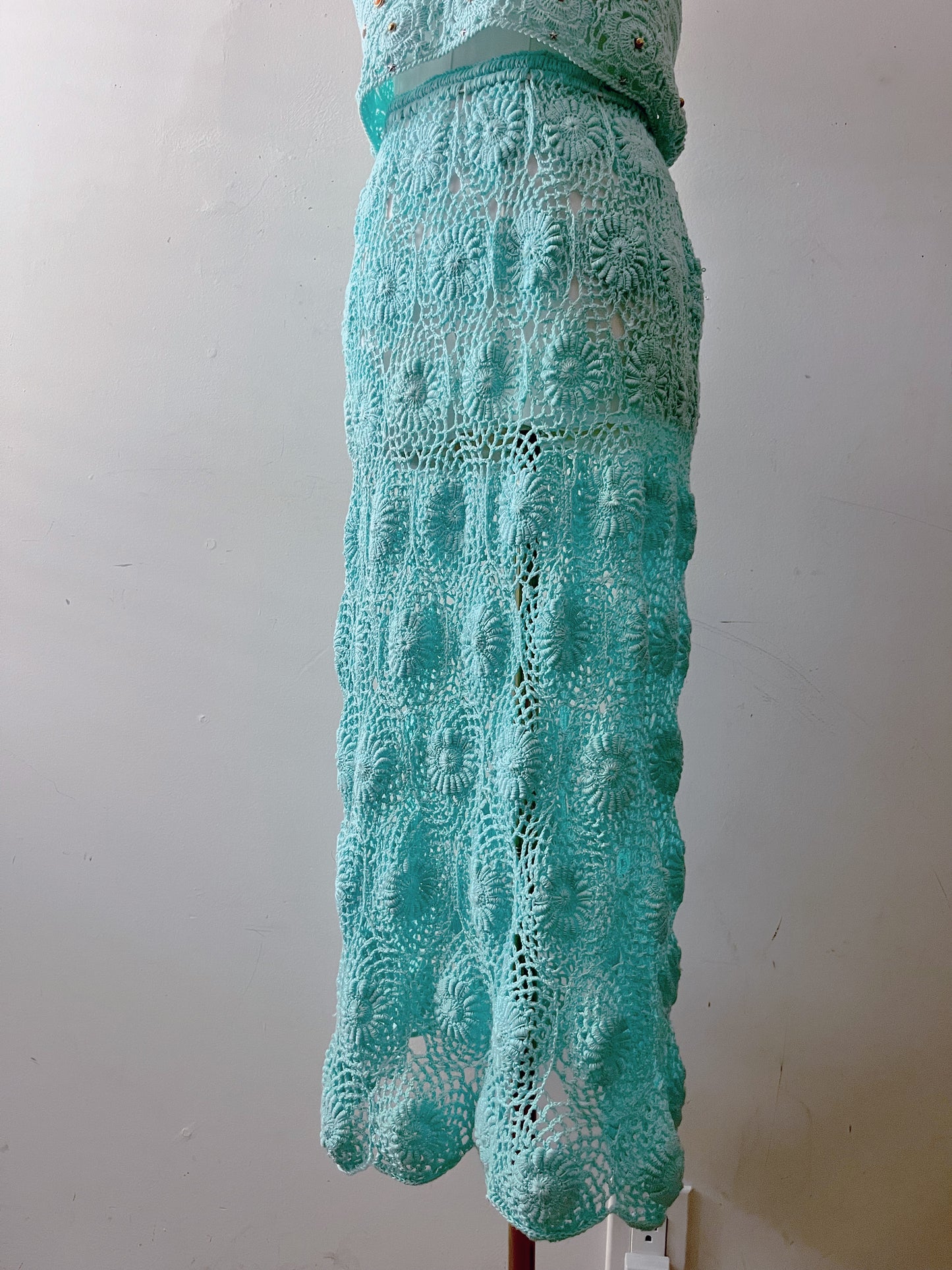 Hand Crochet Midi Aqua Scallop Skirt| One Size