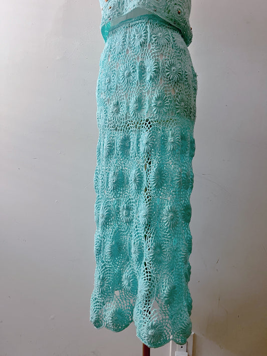 Hand Crochet Midi Aqua Scallop Skirt| One Size