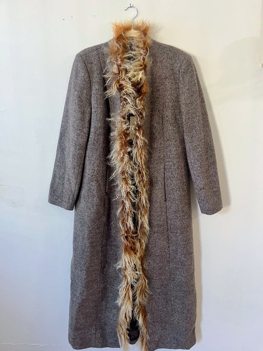 European Monogolian Fur Trim Floor Length Coat| M/L