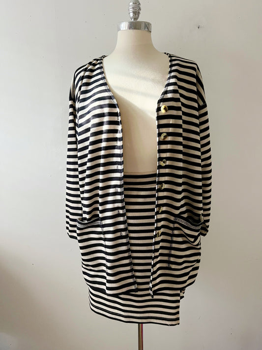 French Girl Striped Knit Cardigan Skirt Knit Set- Light Latte/Black
